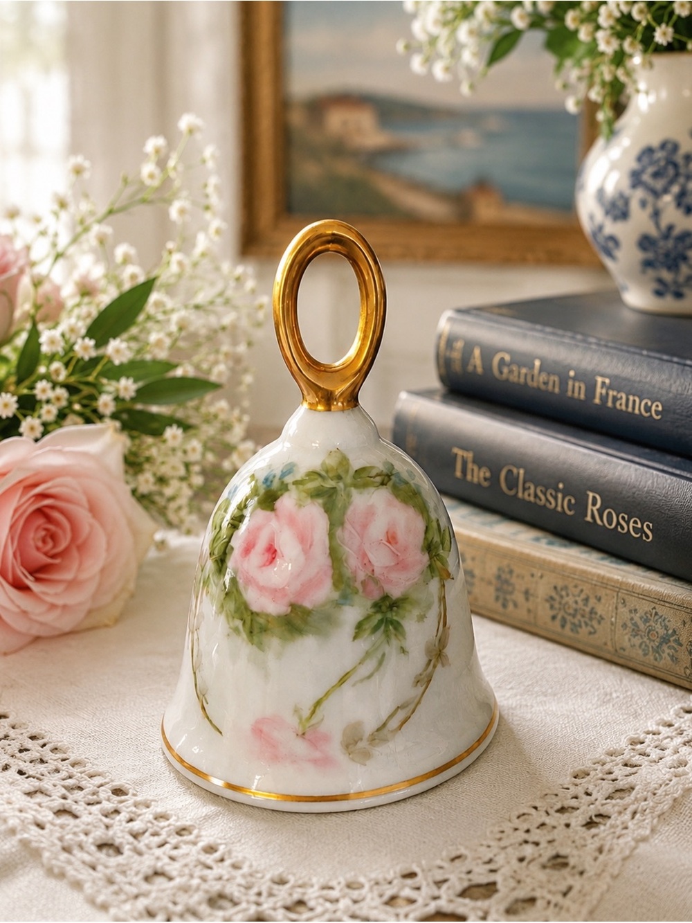 Vintage Porcelain Bell | Pink Rose Cottagecore Grandmillennial Feminine Decor